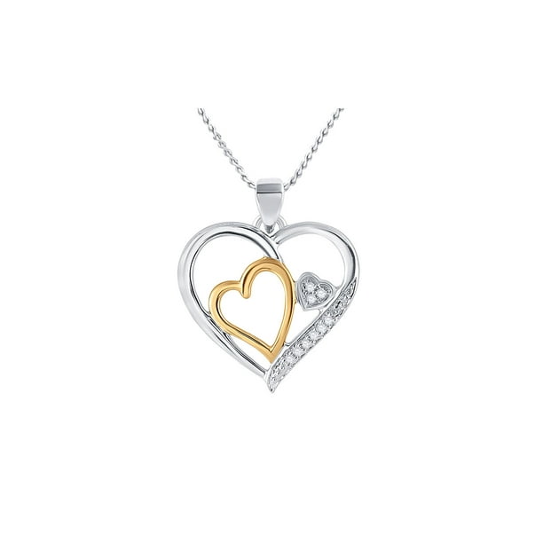 Sterling Silver Two-tone Womens Round Diamond Double Heart Pendant 1//20 Cttw